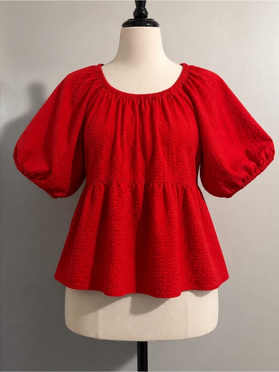 Old Navy Tops - Old Navy Red Textured Peplum Blouse XL Puff Sleeve Boho Top